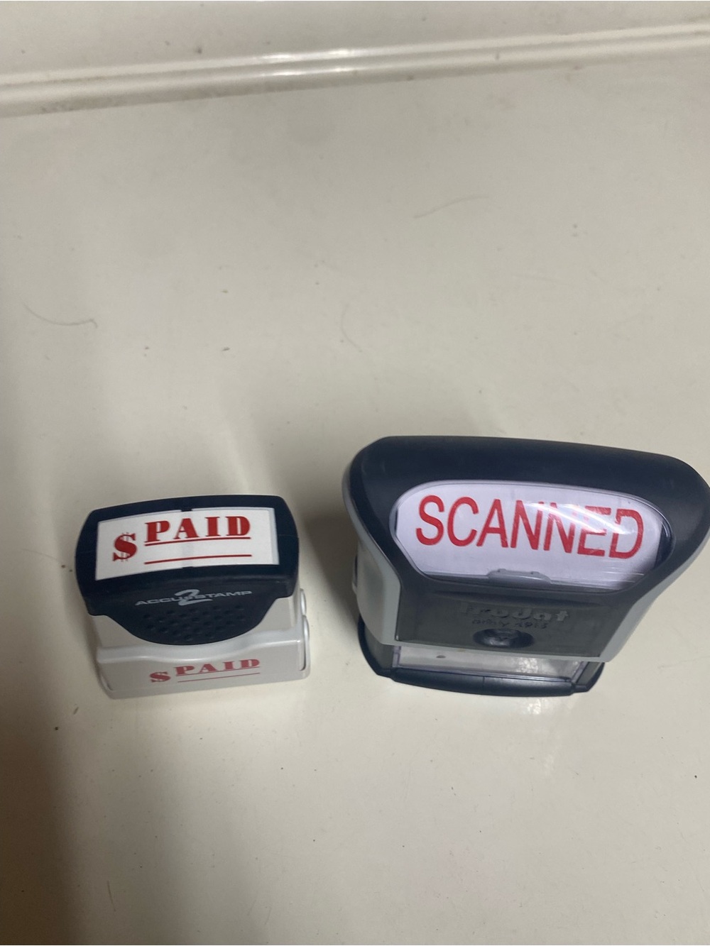 Black & White 'Scanned' and 'Paid' Office Stamp Set